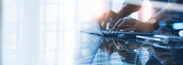 Data processing digital technology software development concept Computer programmer software engineer working on laptop with data exchange code Ai Aritificial intelligence