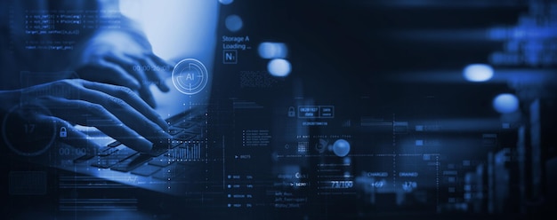 Data science digital technology big data management concept Computer programming coding networking on laptop with AI Artificial Intelligence cloud computing network security