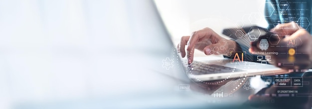 Data science Digital technology Computer programmer using digital tablet computer with AI cyber security software development cloud computing data exchange technology background