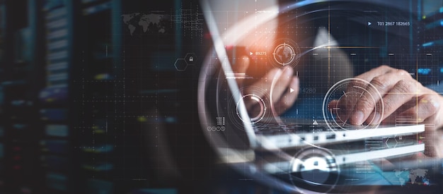 Data science digital technology internet global network big data concept Computer programmer working with virtual modern dashboard future technology background
