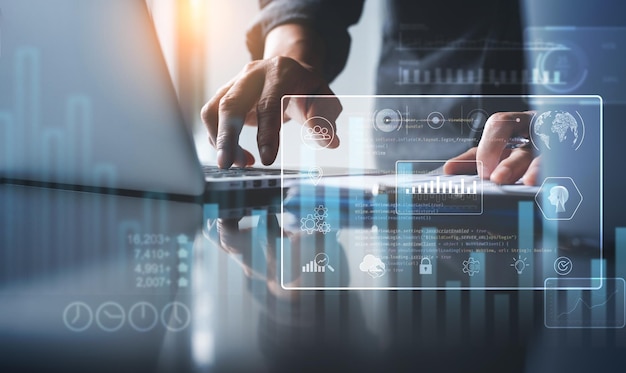 Data science Man programmer using digital tablet computer analyzing and develop software on virtual screen Algorithm digital marketing big data analysis and management business analytics