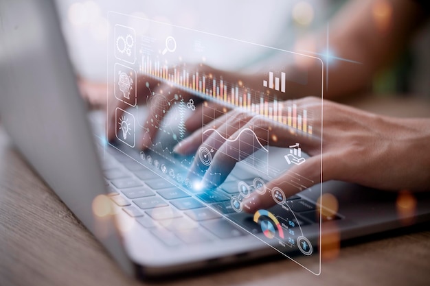Data scientists Man programmer using laptop analyzing and development at various information on futuristic virtual interface screen Algorithm marketing and deep learning of artificial intelligence