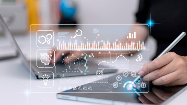 Data scientists Man programmer using laptop analyzing and development at various information on futuristic virtual interface screen Algorithm marketing and deep learning of artificial intelligence