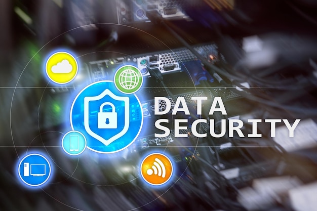 Data security cyber crime prevention Digital information protection Lock icons and server room background