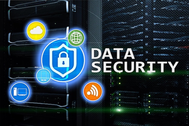 Data security cyber crime prevention Digital information protection Lock icons and server room background