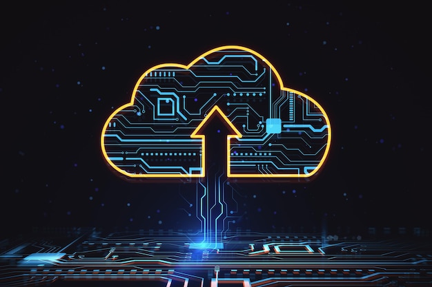 Data storage and cloud computing concept with digital yellow cloud symbol with arrow up and micro circuit inside on dark background 3D rendering