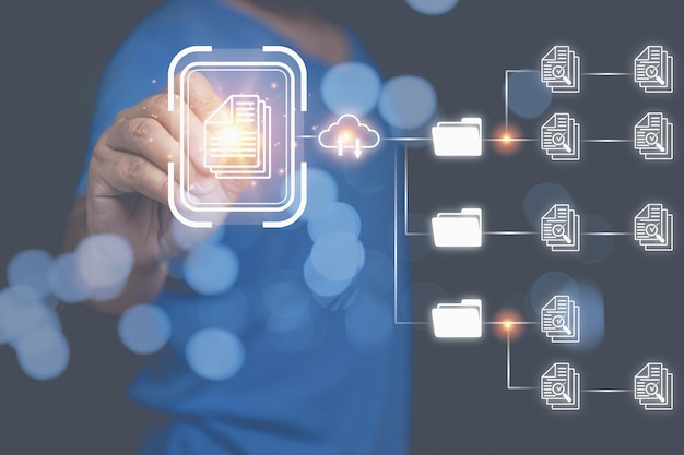 database and process automation to manage files knowledge and documentation in the company a man touching icon virtual online document management system