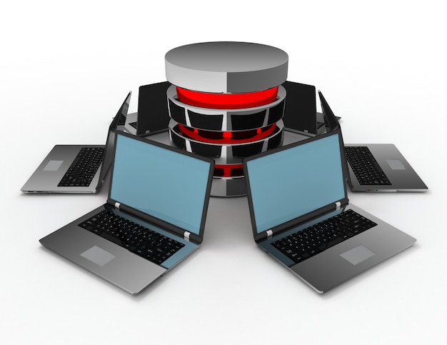 Database Concept with Laptops . 3d rendered illustration