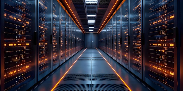 Database server with cloud storage showing rows of servers with blinking lights in a data center Concept Database Management Cloud Computing Data Center Technology Server Infrastructure