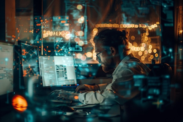 Datan analyytikko työskentelee modernin teknologian parissa