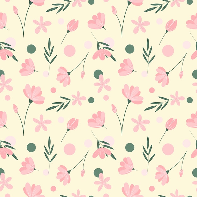 Delicate floral seamless pattern on ivory background Pink flowers green leaves and circles print