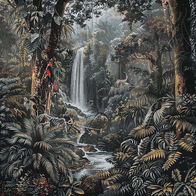 Dense Rainforest Scene in Black and White