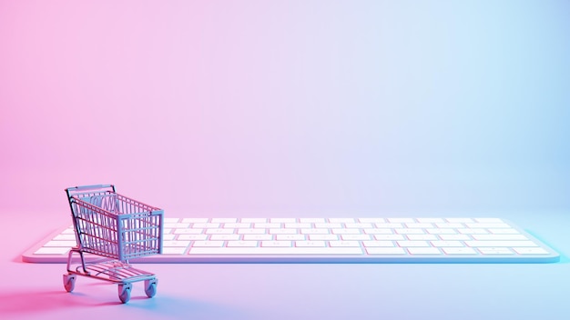 depicts a shopping cart placed atop a keyboard background merging the concepts of