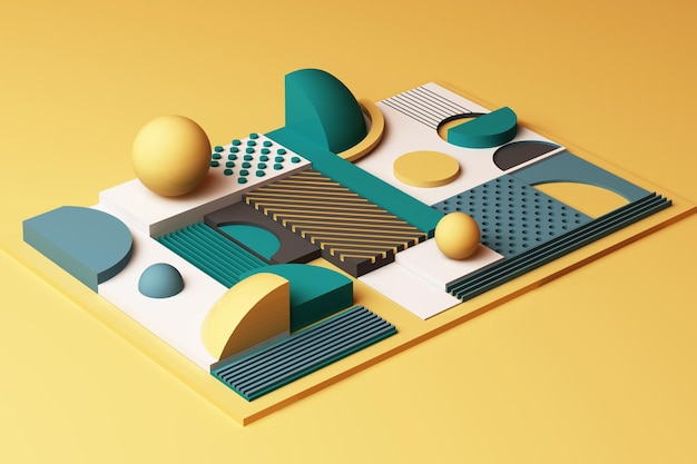 design with composition of geometric shapes in yellow and green tone 3d rendering illustration