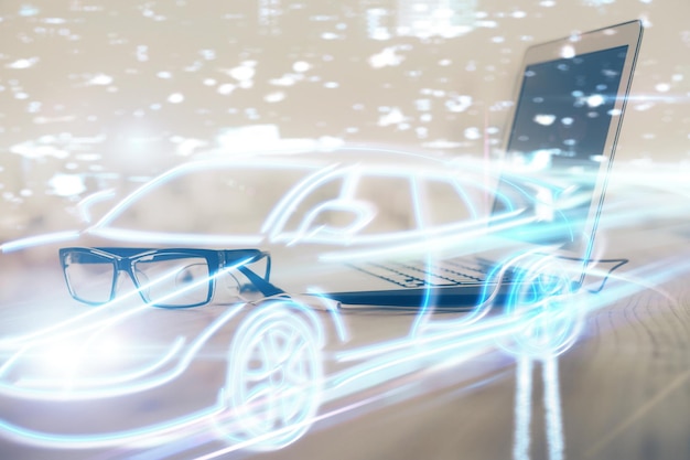 desktop computer background in office with automobile hologram drawing multi exposure tech concept