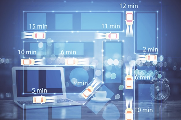 desktop computer background in office with automobile hologram drawing multi exposure tech concept