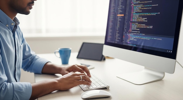 Developer Coding on Computer with Code Displayed on Screen