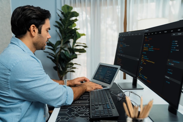 developer working software development coding on laptop screen surmise