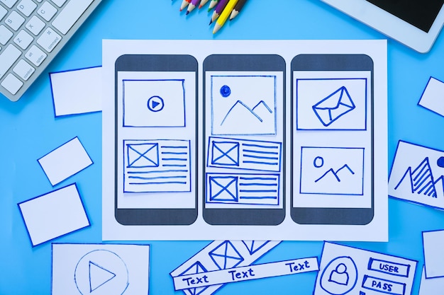 Developing wireframe sketch layout design mockup on smartphonetablet screen