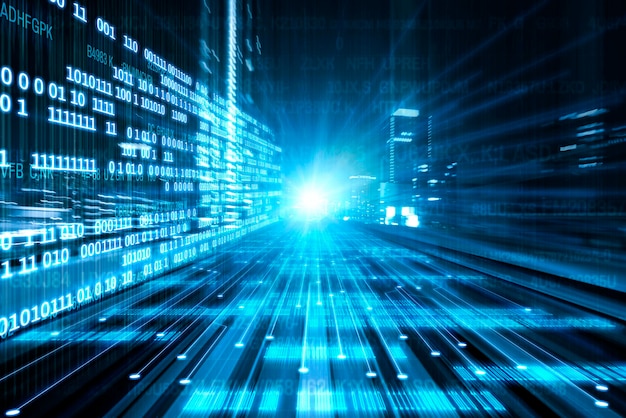 Digitaalinen datavirta tiellä liike-epäterävyydellä luo vaikutelman nopeasta tiedonsiirrosta.