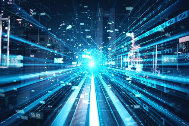 Digitaalinen datavirta tiellä liike-epäterävyydellä luo vaikutelman nopeasta tiedonsiirrosta.