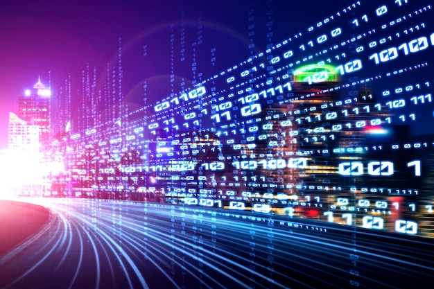 Digitaalinen datavirta tiellä liike-epäterävyydellä luo vaikutelman nopeasta tiedonsiirrosta.