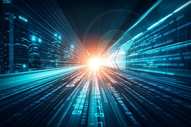 Digitaalinen datavirta tiellä liike-epäterävyydellä luo vaikutelman nopeasta tiedonsiirrosta.