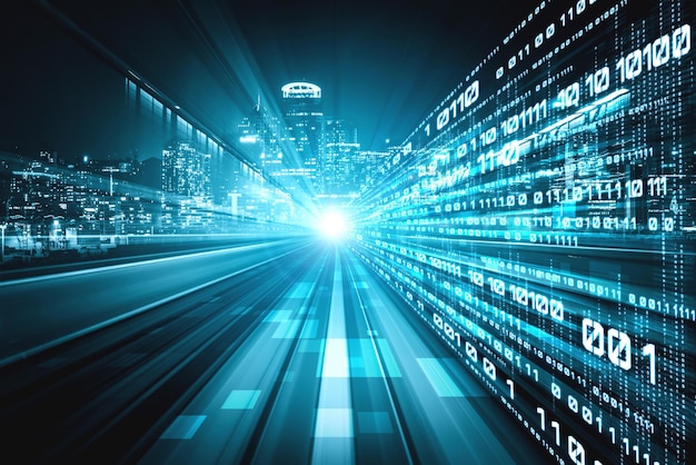 Digitaalinen datavirta tiellä liike-epäterävyydellä luo vaikutelman nopeasta tiedonsiirrosta.