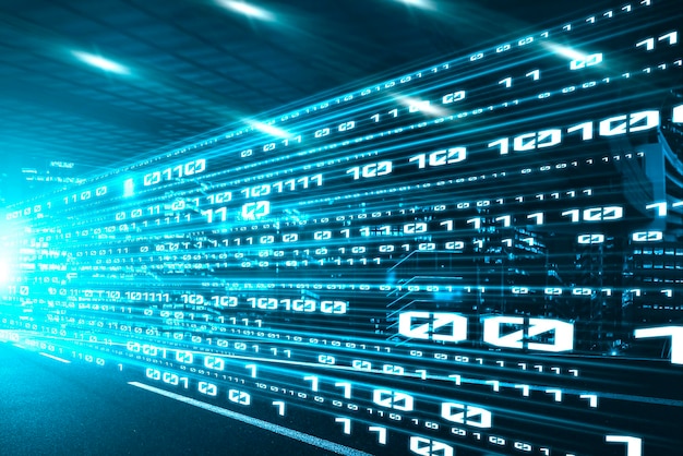 Digitaalinen datavirta tiellä liike-epäterävyydellä luo vaikutelman nopeasta tiedonsiirrosta.