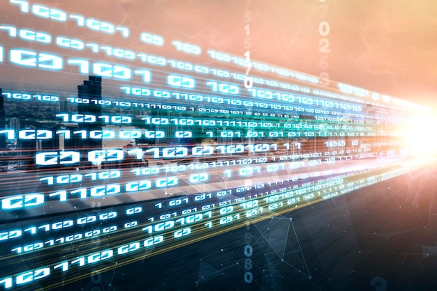 Digitaalinen datavirta tiellä liike-epäterävyydellä luo vaikutelman nopeasta tiedonsiirrosta.