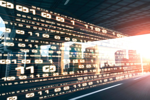 Digitaalinen datavirta tiellä liike-epäterävyydellä luo vaikutelman nopeasta tiedonsiirrosta.