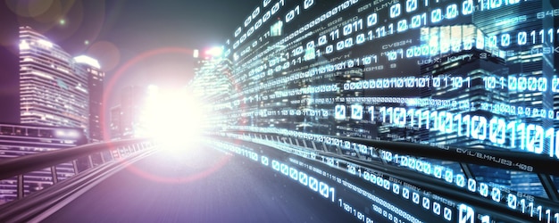 Digitaalinen datavirta tiellä liike-epäterävyydellä luo vaikutelman nopeasta tiedonsiirrosta.