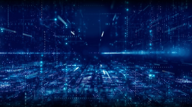 Digitaalinen kyberavaruus hiukkasilla ja digitaalisten dataverkkojen yhteyksien konsepti
