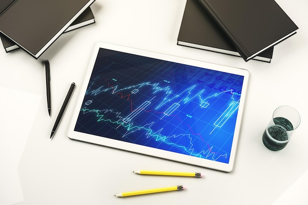 Digitaalinen tabletti, jossa on abstrakti finanssigrafiikka, rahoitus- ja kaupankäyntikonsepti, yläkuva, 3d-renderöidä