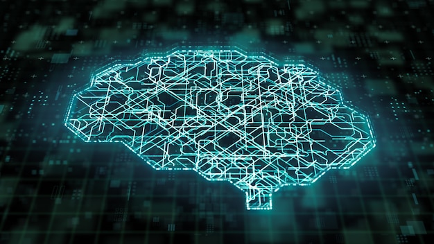 Digitaalinen tiedonsiirto syväoppivan mikroprosessorin aivopiirin sisällä, tekoäly modernissa tietokoneteknologiakonseptissa, 3D-kuva big data -sirun verkon käsittely