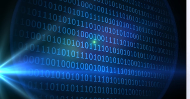 Digitaalisesti luotu kuva binäärikoodaus datan käsittelystä valopistettä vasten mustalla taustalla