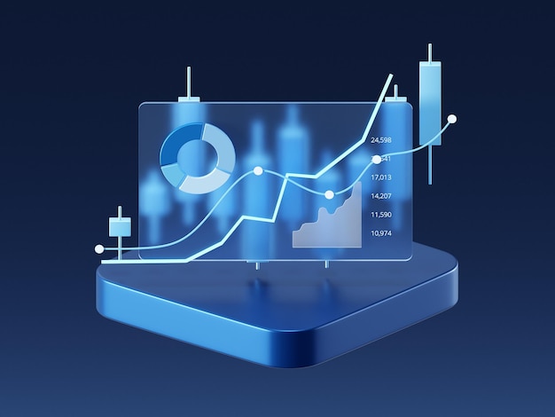Digital 3D Stock Market Analysis with Growth Charts and Financial Investment Data