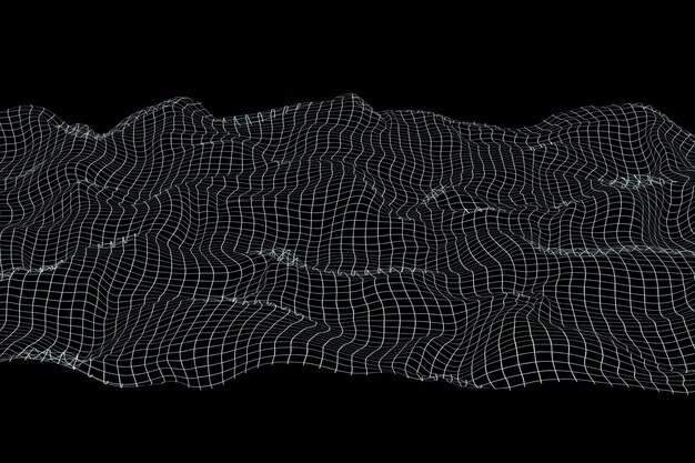 Digital 3D wireframe landscape isolated on black background Ideal for backdrops in tech presentations virtual reality environments and graphical abstracts Grid mesh 3D render