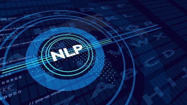 Digital abstract with NLP text and code snippets on a blue grid background natural language processing