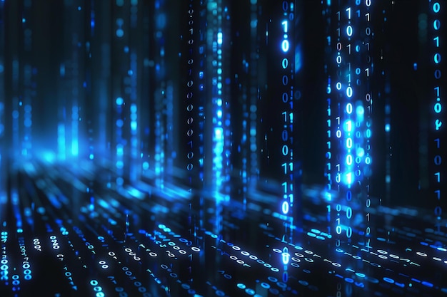 Digital artwork of abstract background with blue glowing binary code and distorted characters fallin