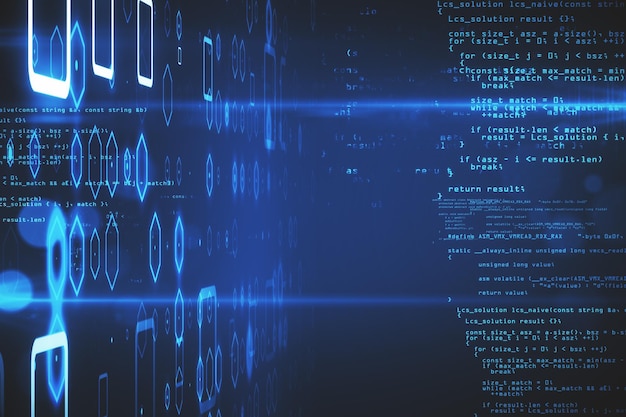Digital binary code with glowing programming interface