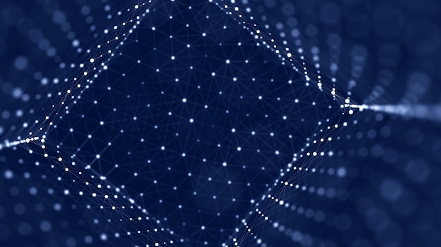 Digital blockchain concept and data transfer system Abstract wireframe cube whith connection dots and lines Storage cells of datas 3d rendering