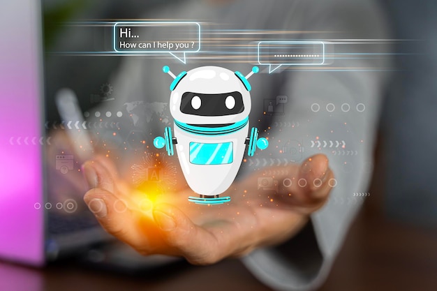 Digital chatbot robot application conversation assistant AI Artificial Intelligence concept Man using mobile smart phone with digital chatbot on virtual screen