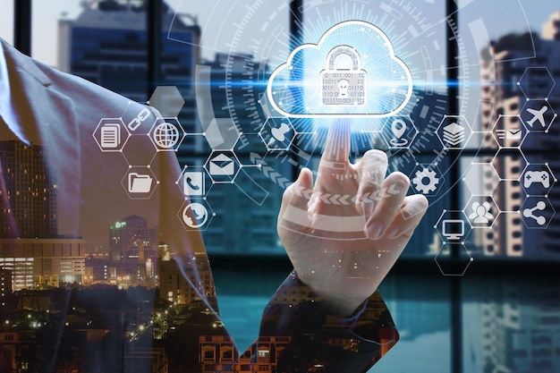 Digital composite image of businessman with cloud computing icons