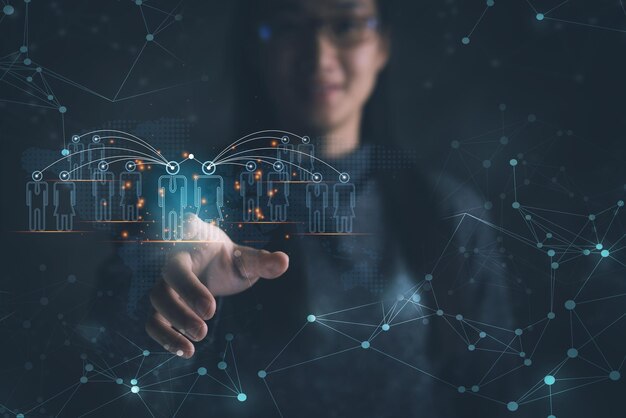 Digital composite image of woman touching invisible screen