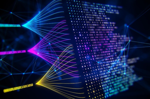 Digital data and network connection concept in cyberspace binary code strings on dark blue background creative technology backdrop 3D Rendering