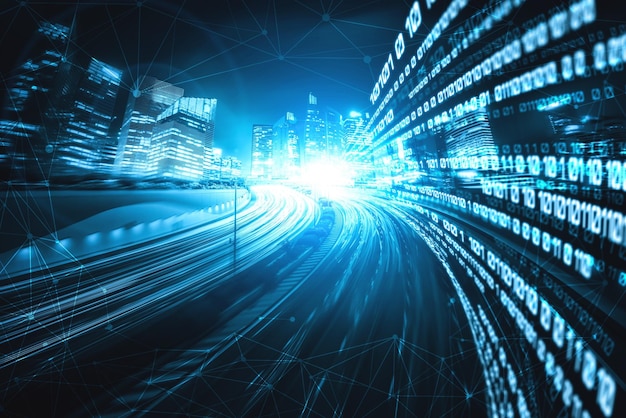 digital data flow on road with motion blur to create vision of fast speed transfer