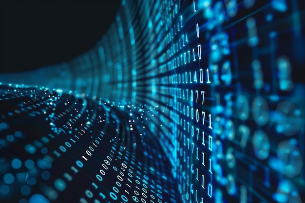 Digital data stream of blue numbers and code flowing in the dark space abstract background for technology or digital information concept with binary number on black screen