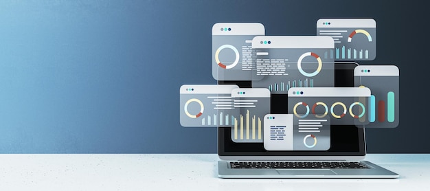 Digital financial data analysis interface on a laptop screen 3D Rendering
