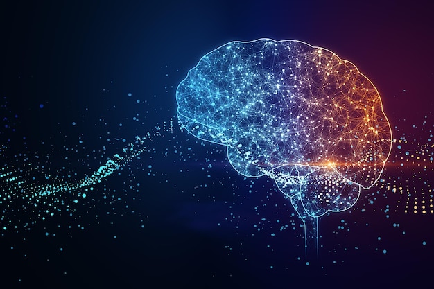 Digital human brain illustration on dark blue background artificial intelligence and futuristic technology concept 3D Rendering